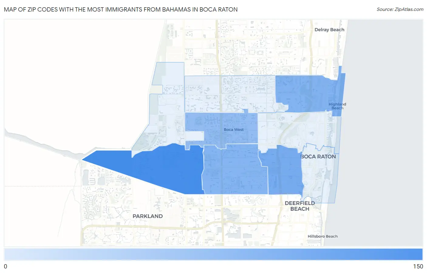 Zip Codes with the Most Immigrants from Bahamas in Boca Raton Map
