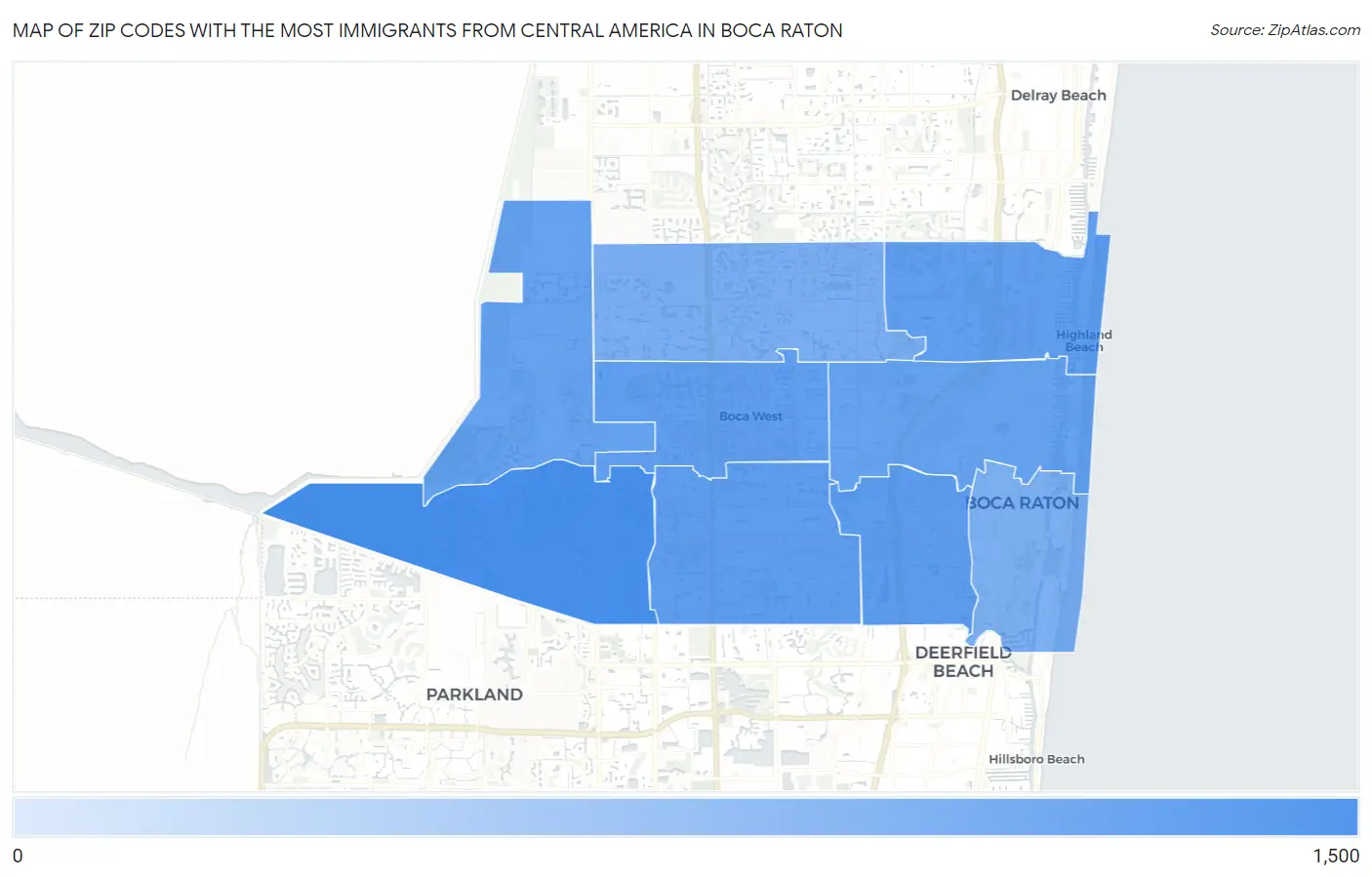 Zip Codes with the Most Immigrants from Central America in Boca Raton Map