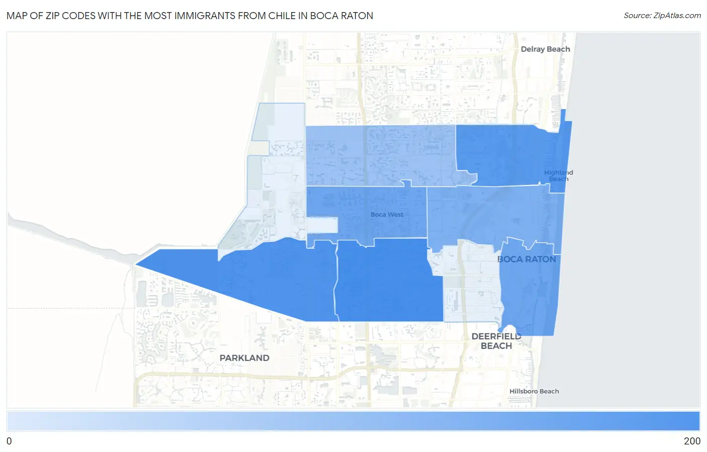 Zip Codes with the Most Immigrants from Chile in Boca Raton Map