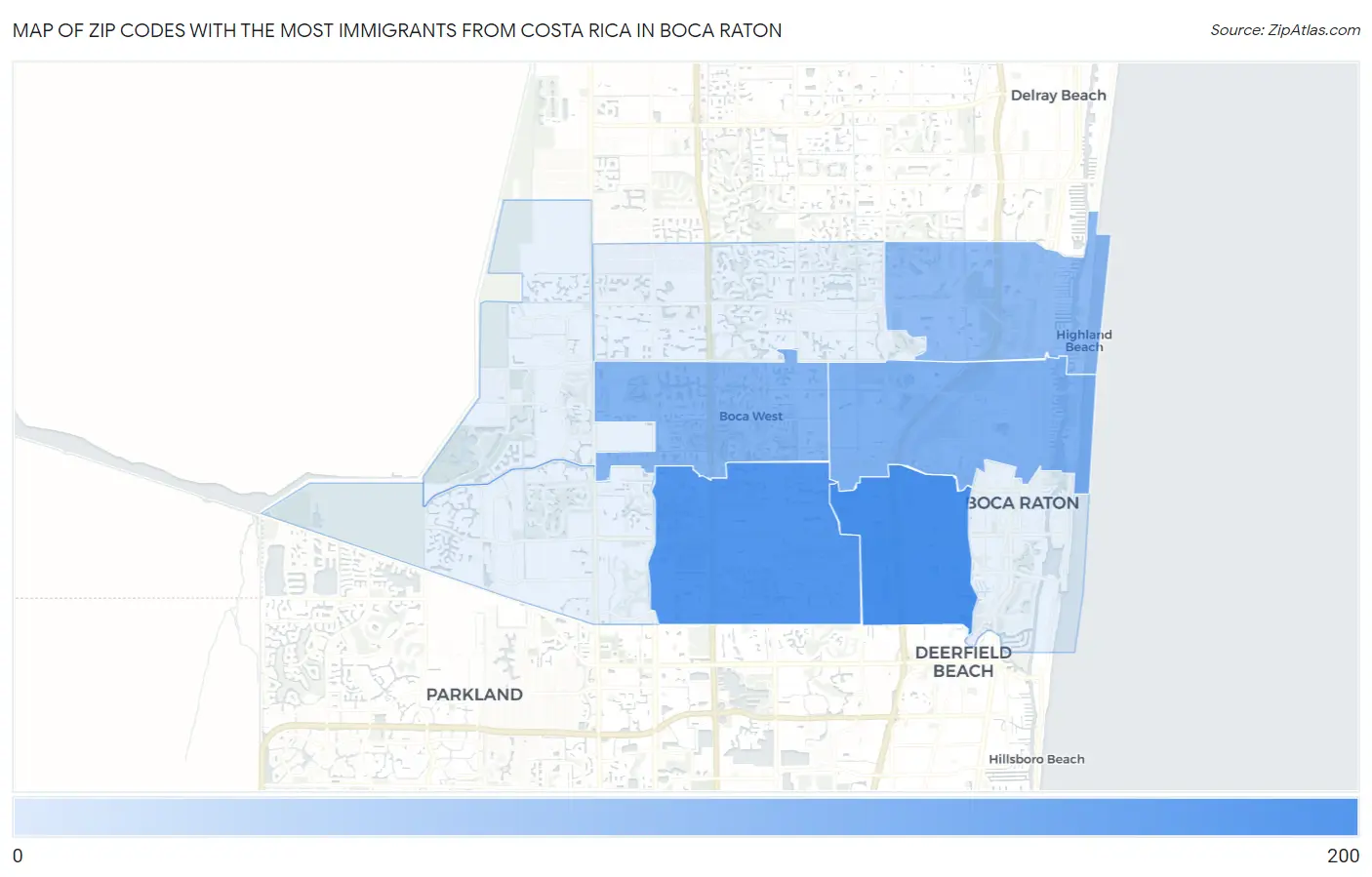Zip Codes with the Most Immigrants from Costa Rica in Boca Raton Map