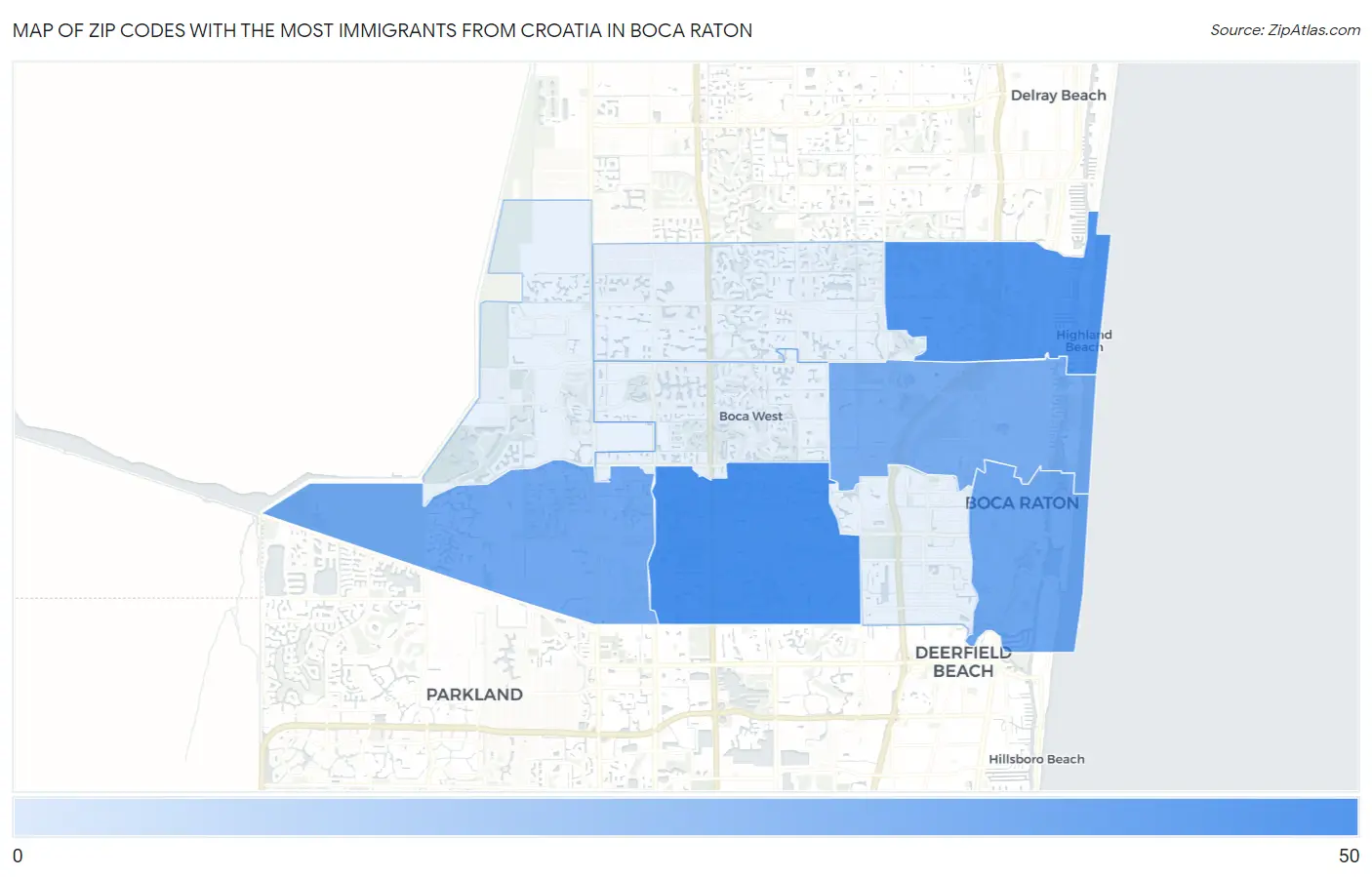 Zip Codes with the Most Immigrants from Croatia in Boca Raton Map