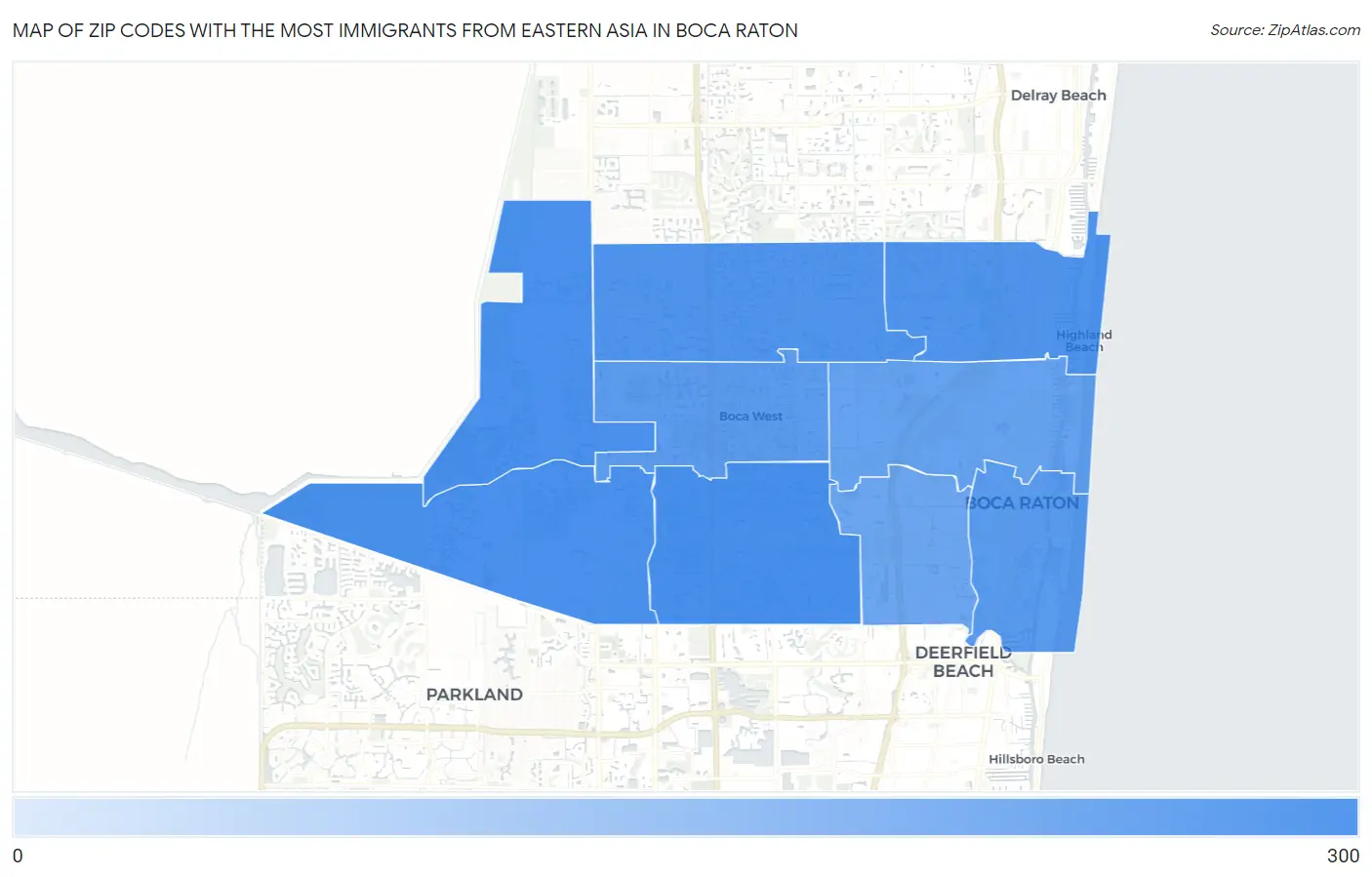 Zip Codes with the Most Immigrants from Eastern Asia in Boca Raton Map