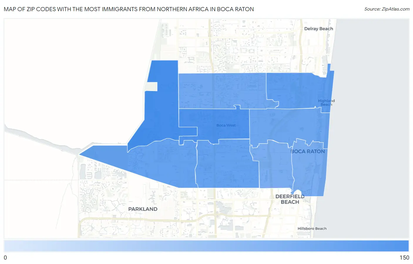 Zip Codes with the Most Immigrants from Northern Africa in Boca Raton Map