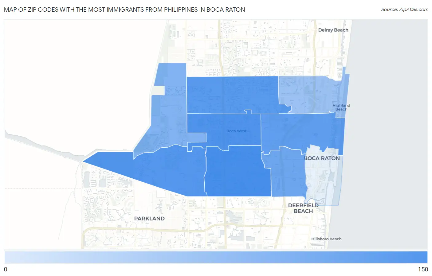 Zip Codes with the Most Immigrants from Philippines in Boca Raton Map