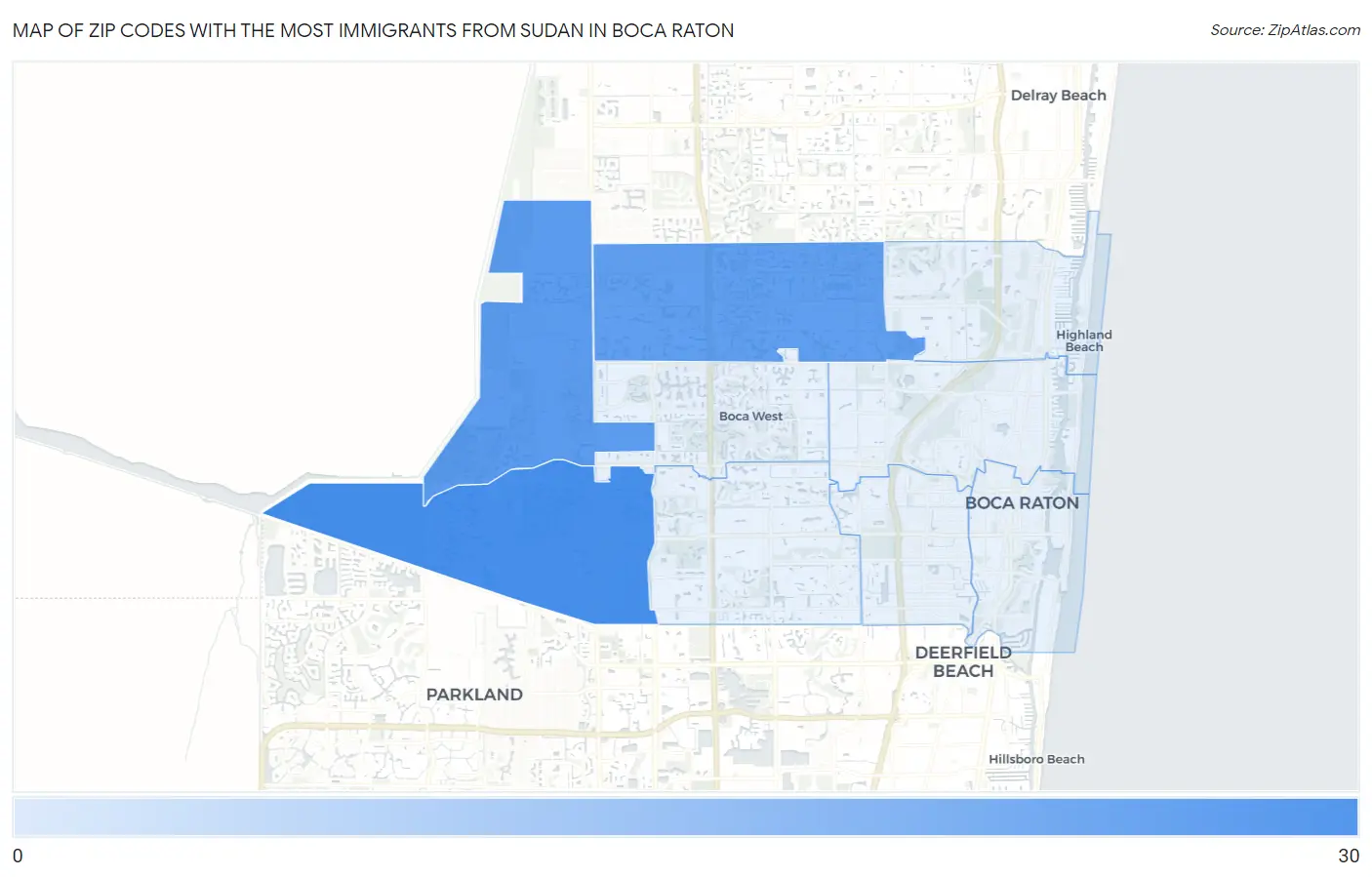 Zip Codes with the Most Immigrants from Sudan in Boca Raton Map