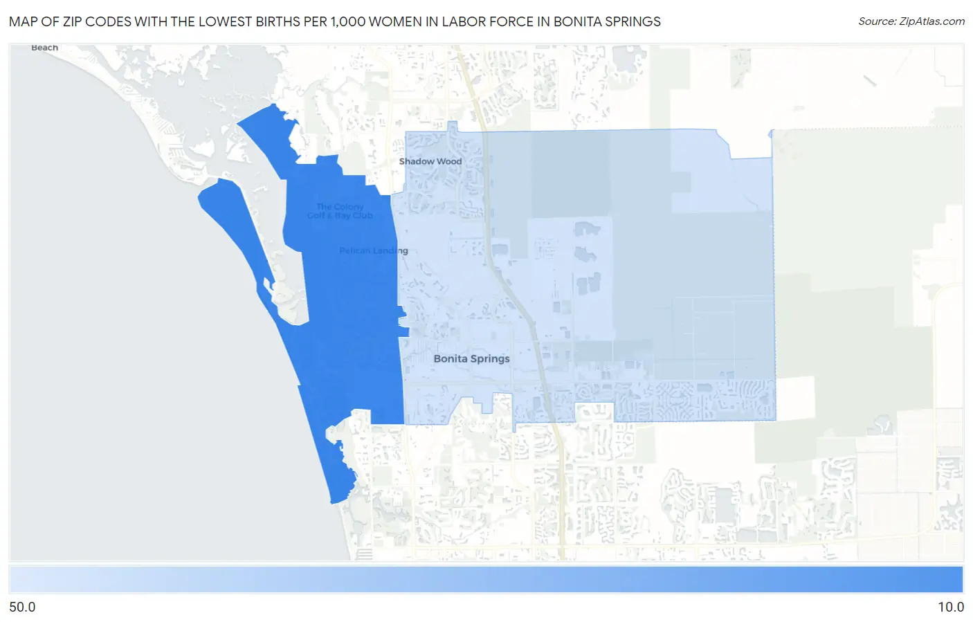 Zip Codes with the Lowest Births per 1,000 Women in Labor Force in Bonita Springs Map