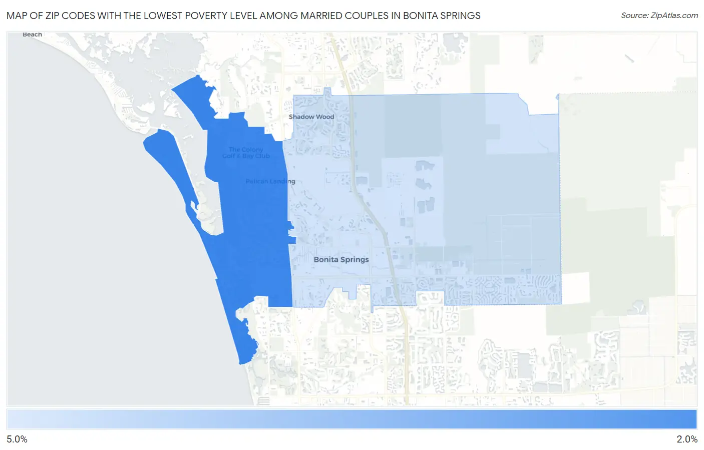 Zip Codes with the Lowest Poverty Level Among Married Couples in Bonita Springs Map