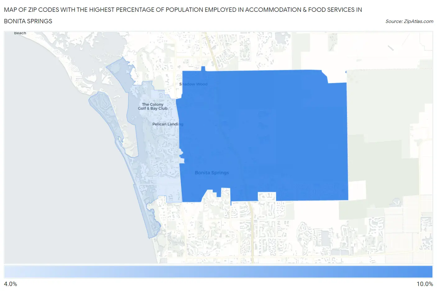 Zip Codes with the Highest Percentage of Population Employed in Accommodation & Food Services in Bonita Springs Map