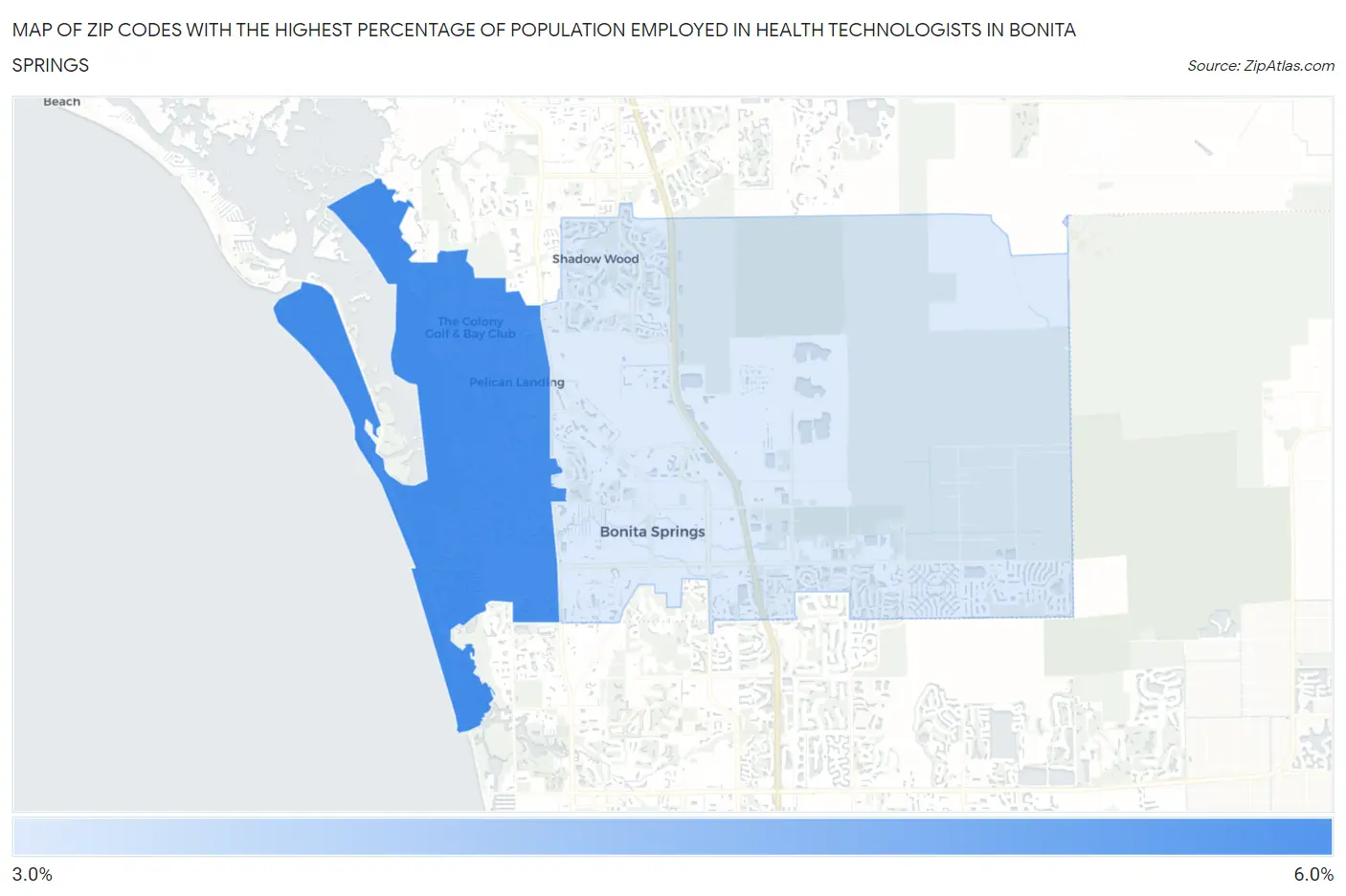 Zip Codes with the Highest Percentage of Population Employed in Health Technologists in Bonita Springs Map