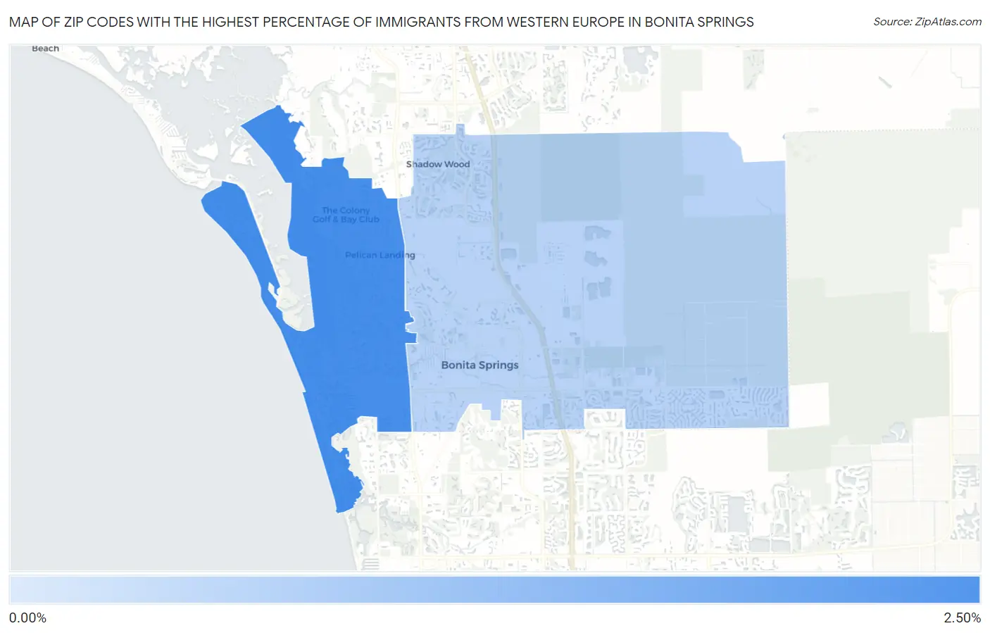 Zip Codes with the Highest Percentage of Immigrants from Western Europe in Bonita Springs Map