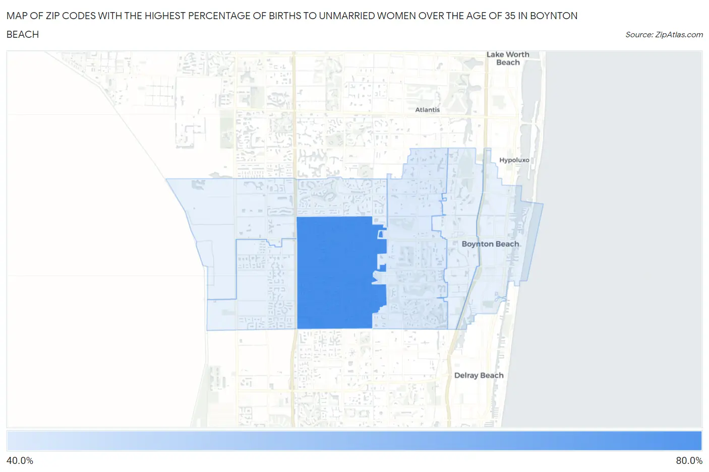 Zip Codes with the Highest Percentage of Births to Unmarried Women over the Age of 35 in Boynton Beach Map