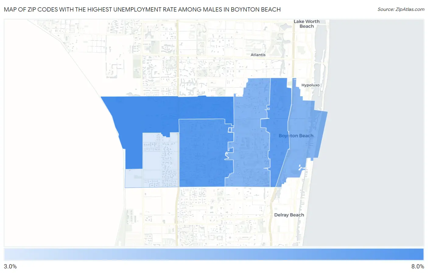 Zip Codes with the Highest Unemployment Rate Among Males in Boynton Beach Map
