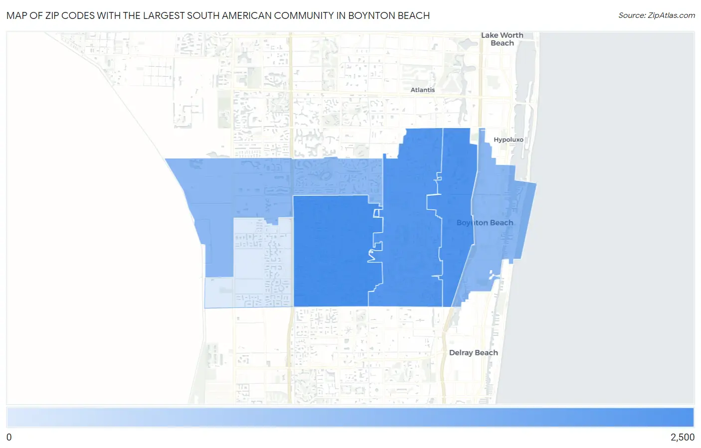 Zip Codes with the Largest South American Community in Boynton Beach Map