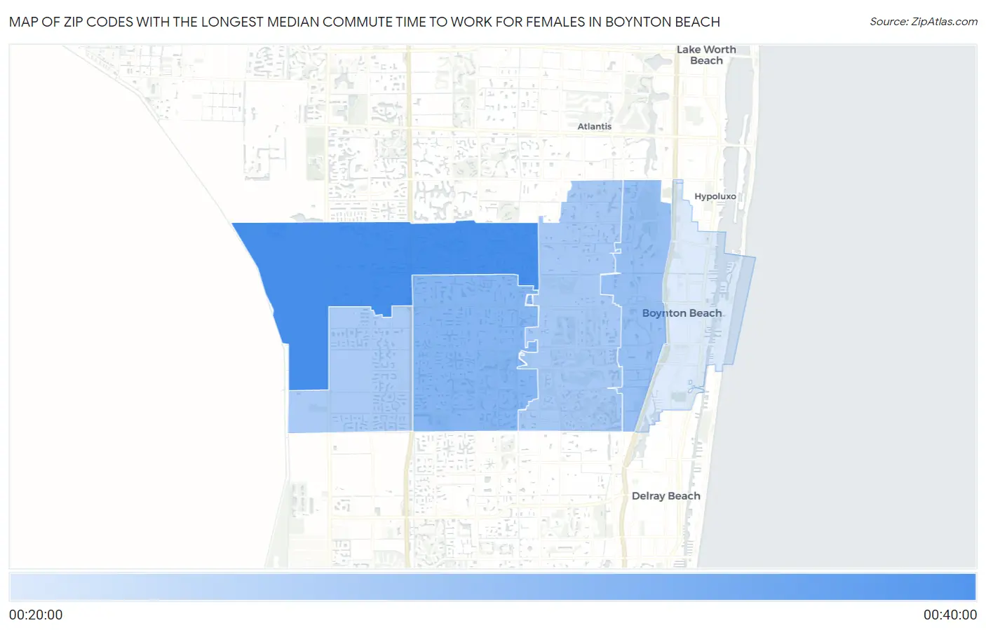 Zip Codes with the Longest Median Commute Time to Work for Females in Boynton Beach Map