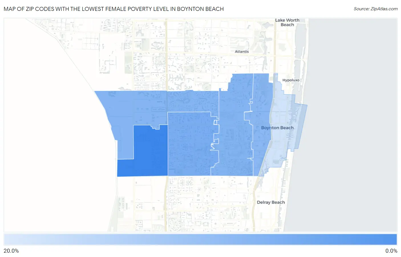 Zip Codes with the Lowest Female Poverty Level in Boynton Beach Map