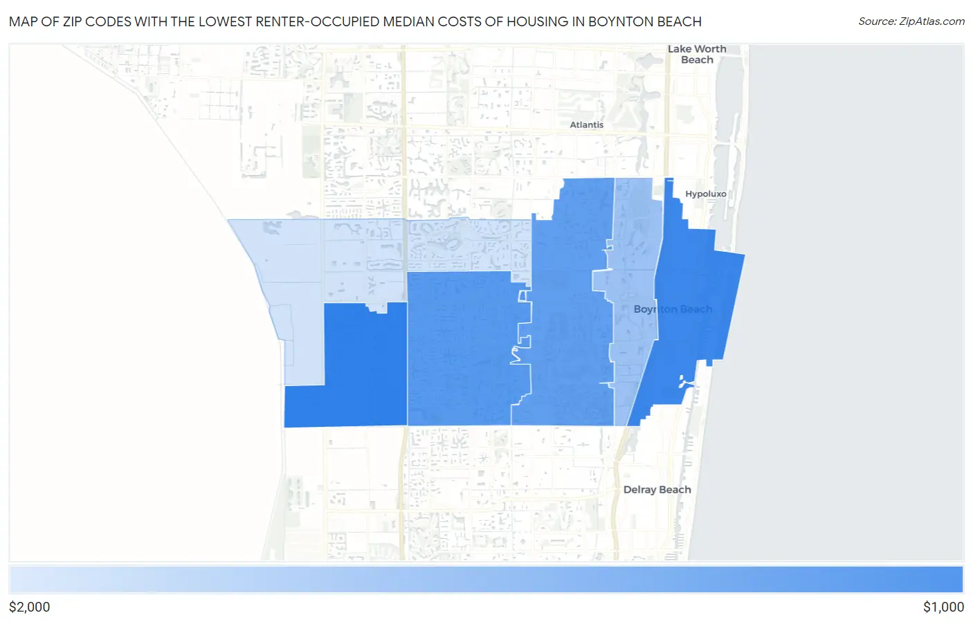 Zip Codes with the Lowest Renter-Occupied Median Costs of Housing in Boynton Beach Map