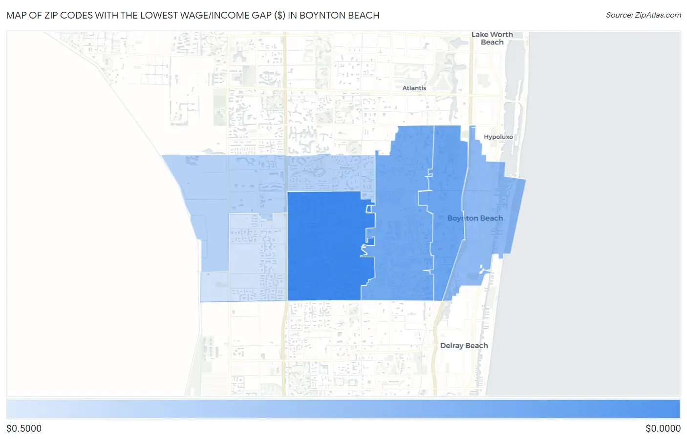 Zip Codes with the Lowest Wage/Income Gap ($) in Boynton Beach Map