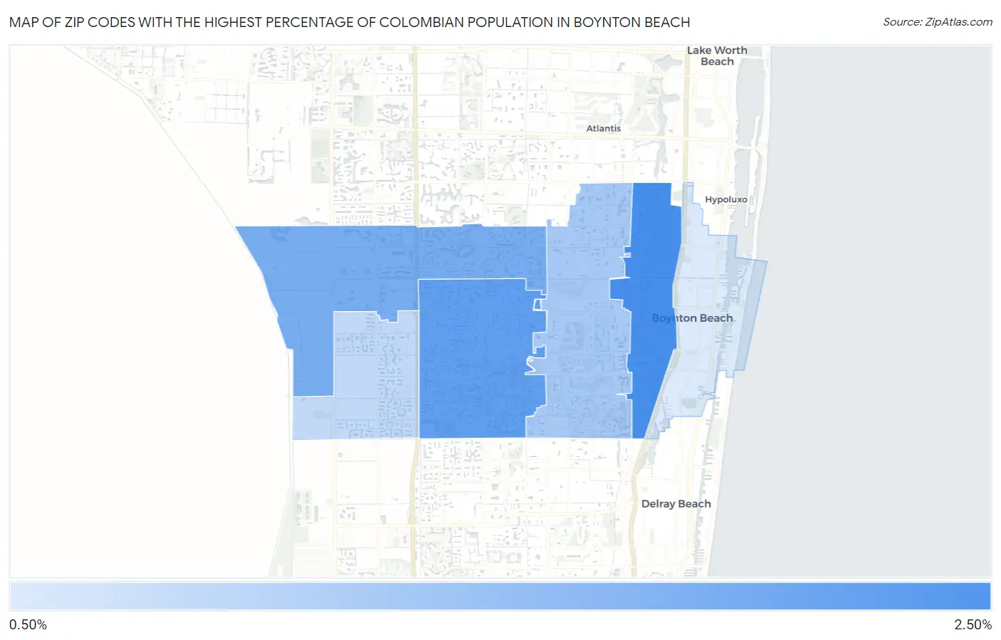 Zip Codes with the Highest Percentage of Colombian Population in Boynton Beach Map