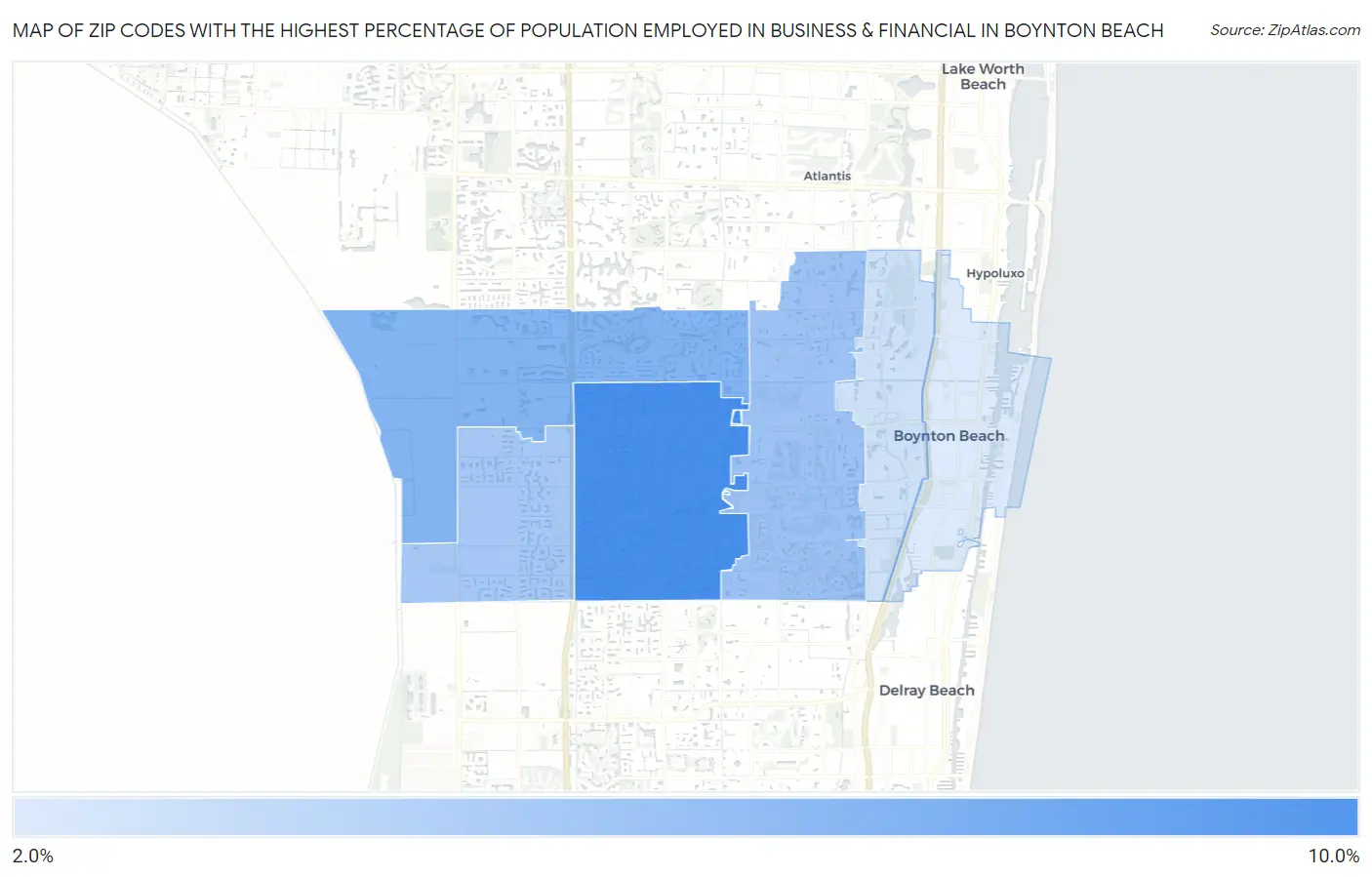 Zip Codes with the Highest Percentage of Population Employed in Business & Financial in Boynton Beach Map