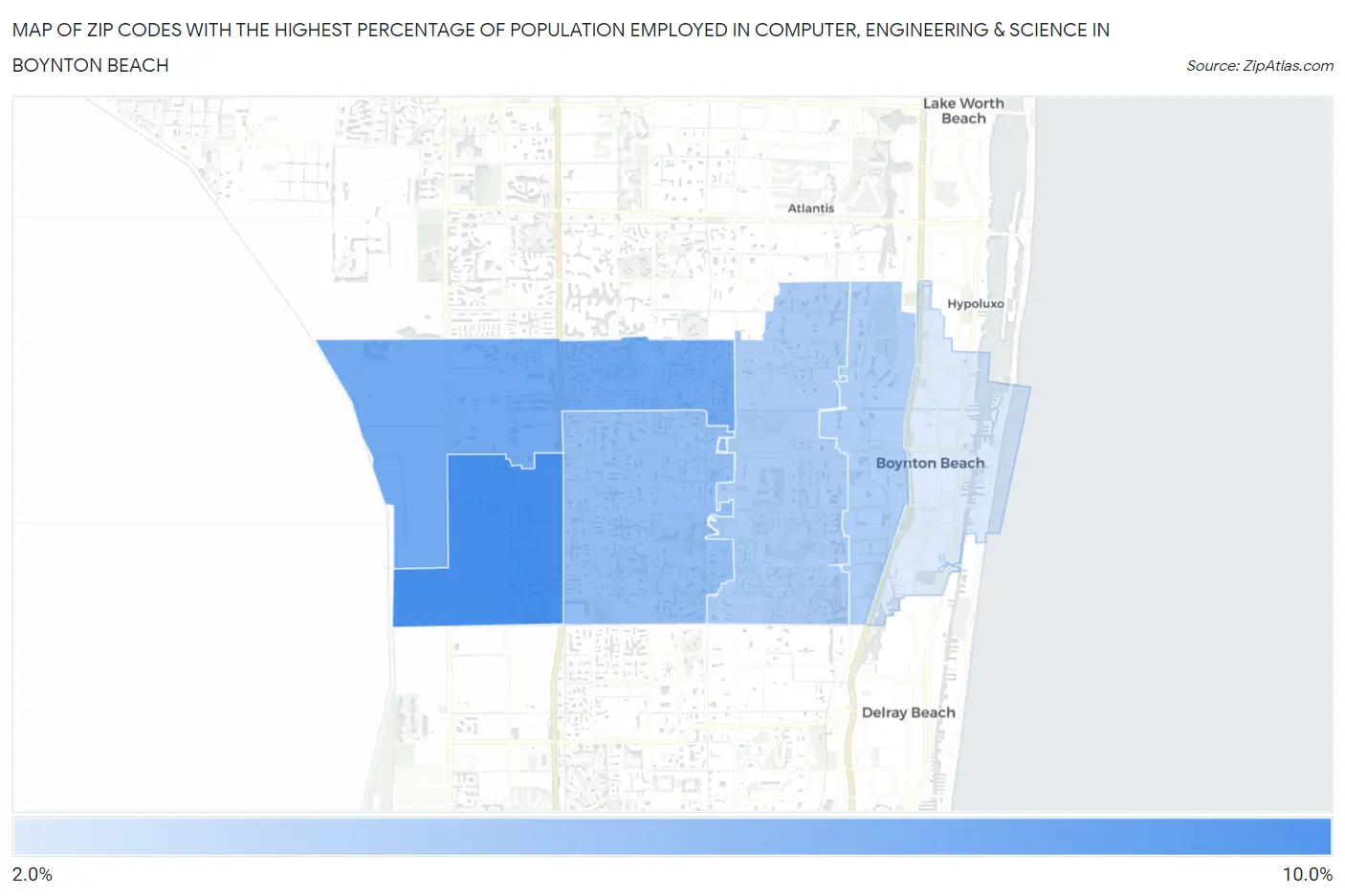 Zip Codes with the Highest Percentage of Population Employed in Computer, Engineering & Science in Boynton Beach Map