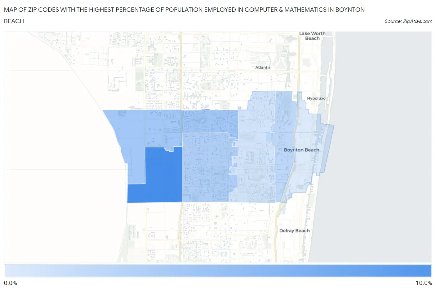 Zip Codes with the Highest Percentage of Population Employed in Computer & Mathematics in Boynton Beach Map
