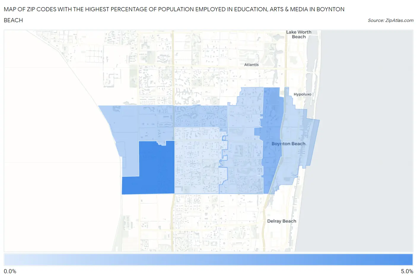 Zip Codes with the Highest Percentage of Population Employed in Education, Arts & Media in Boynton Beach Map