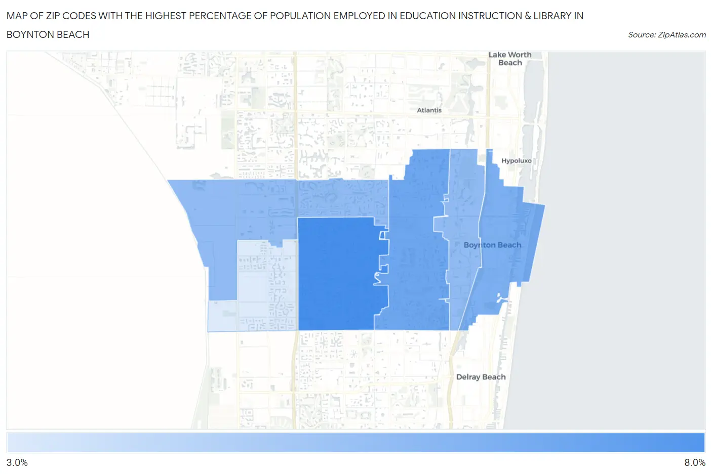 Zip Codes with the Highest Percentage of Population Employed in Education Instruction & Library in Boynton Beach Map