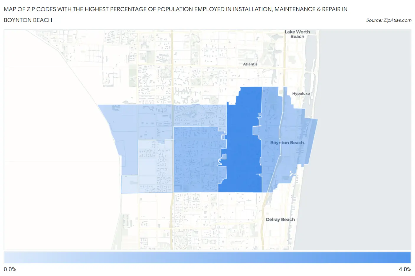 Zip Codes with the Highest Percentage of Population Employed in Installation, Maintenance & Repair in Boynton Beach Map