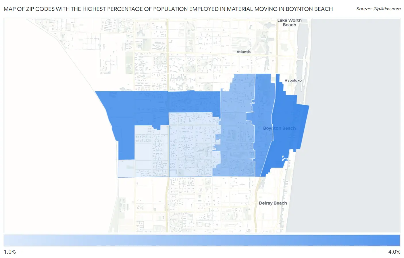 Zip Codes with the Highest Percentage of Population Employed in Material Moving in Boynton Beach Map