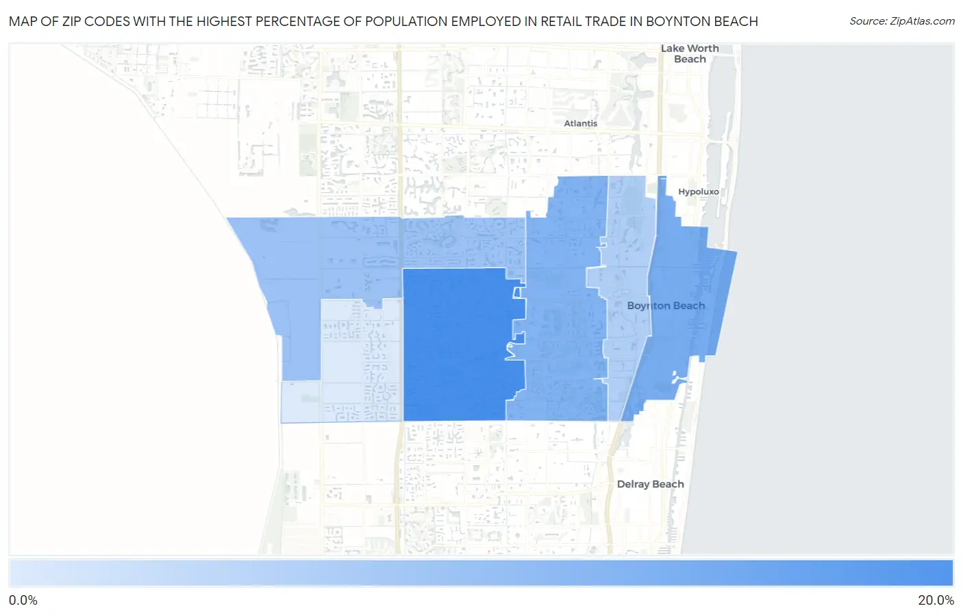 Zip Codes with the Highest Percentage of Population Employed in Retail Trade in Boynton Beach Map