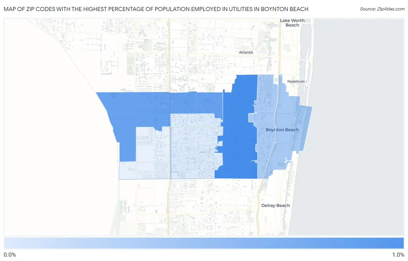 Zip Codes with the Highest Percentage of Population Employed in Utilities in Boynton Beach Map