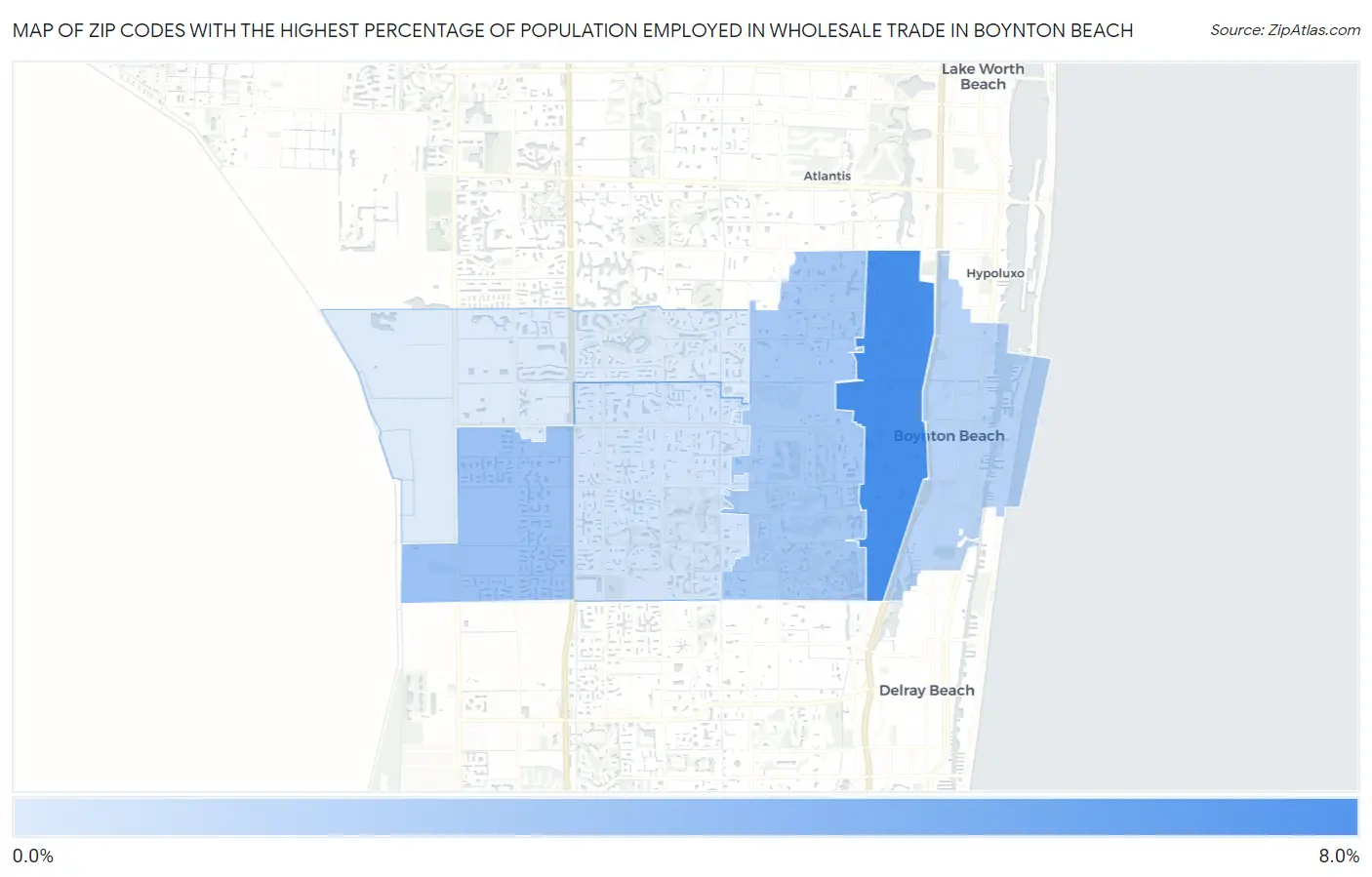 Zip Codes with the Highest Percentage of Population Employed in Wholesale Trade in Boynton Beach Map