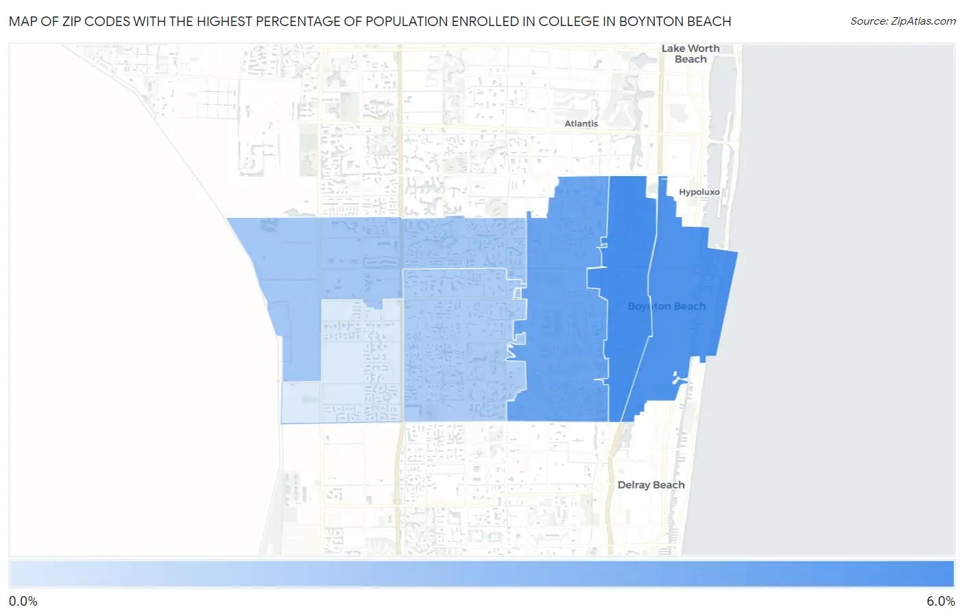 Zip Codes with the Highest Percentage of Population Enrolled in College in Boynton Beach Map
