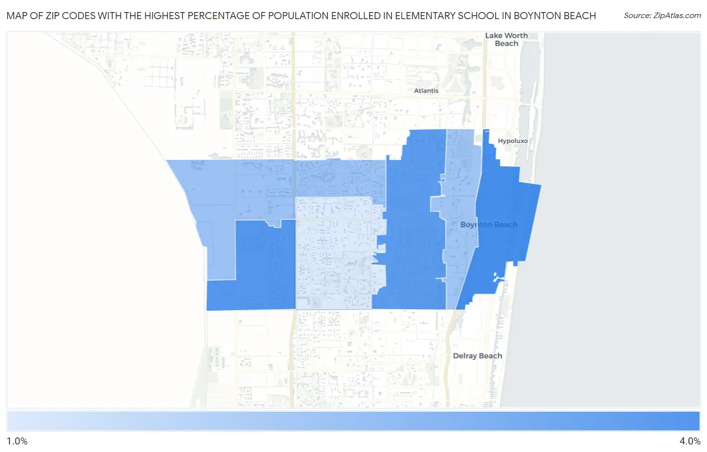 Zip Codes with the Highest Percentage of Population Enrolled in Elementary School in Boynton Beach Map
