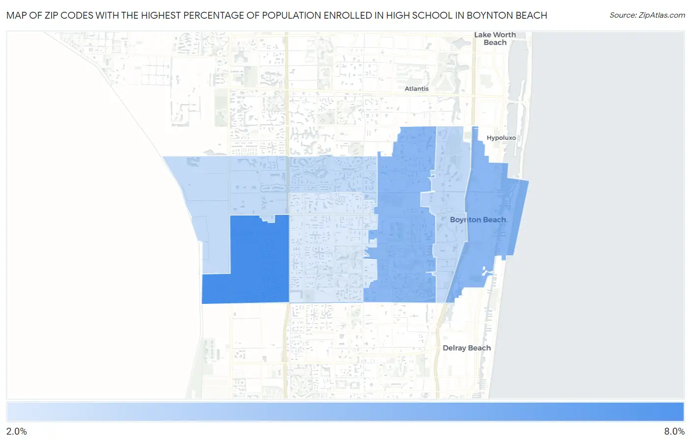 Zip Codes with the Highest Percentage of Population Enrolled in High School in Boynton Beach Map