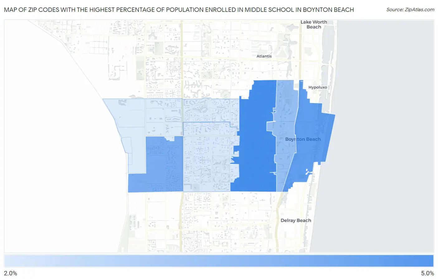 Zip Codes with the Highest Percentage of Population Enrolled in Middle School in Boynton Beach Map