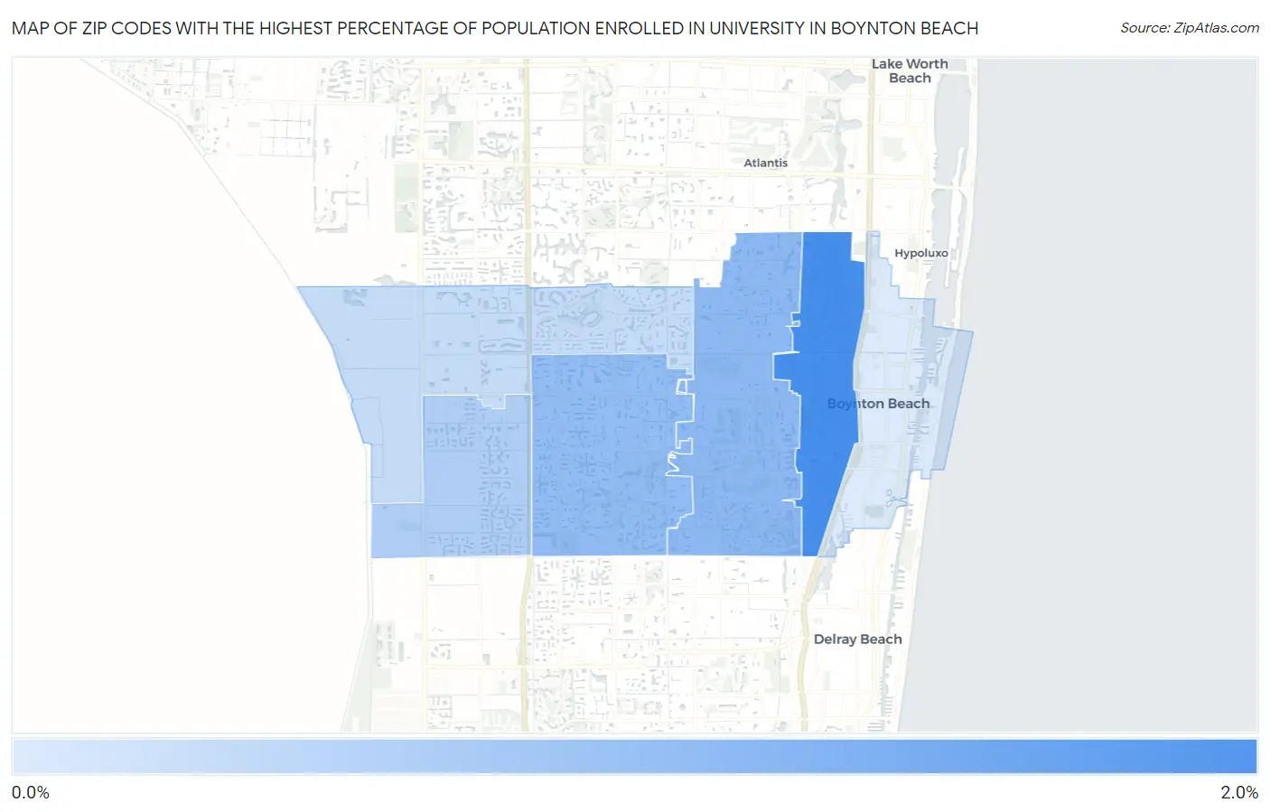 Zip Codes with the Highest Percentage of Population Enrolled in University in Boynton Beach Map