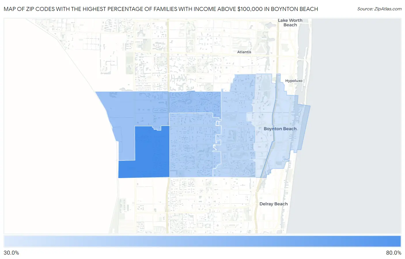 Zip Codes with the Highest Percentage of Families with Income Above $100,000 in Boynton Beach Map