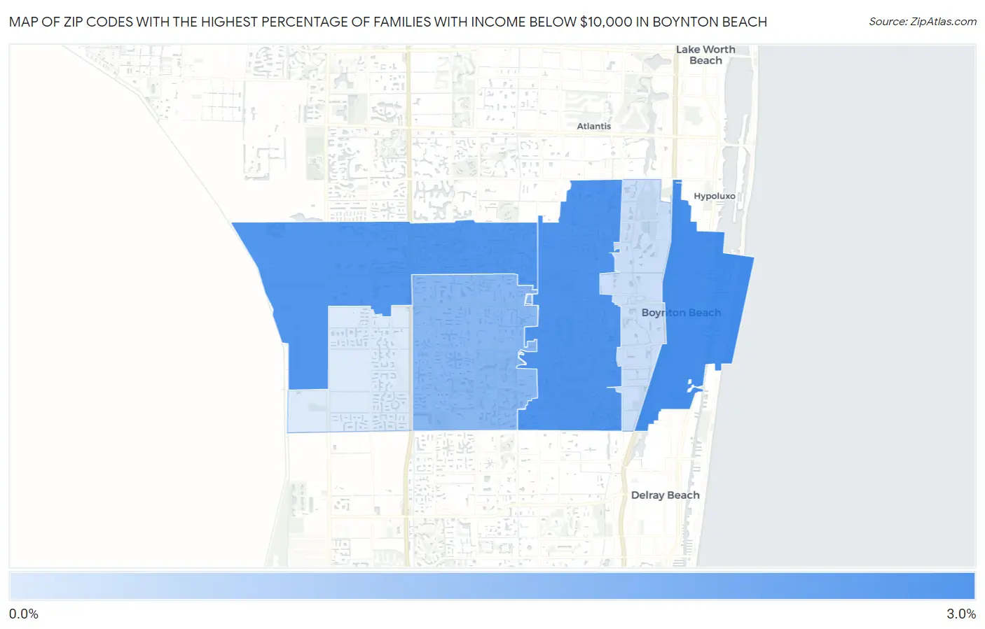 Zip Codes with the Highest Percentage of Families with Income Below $10,000 in Boynton Beach Map