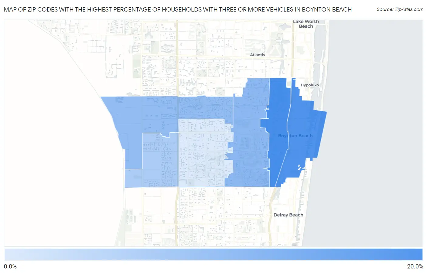 Zip Codes with the Highest Percentage of Households With Three or more Vehicles in Boynton Beach Map
