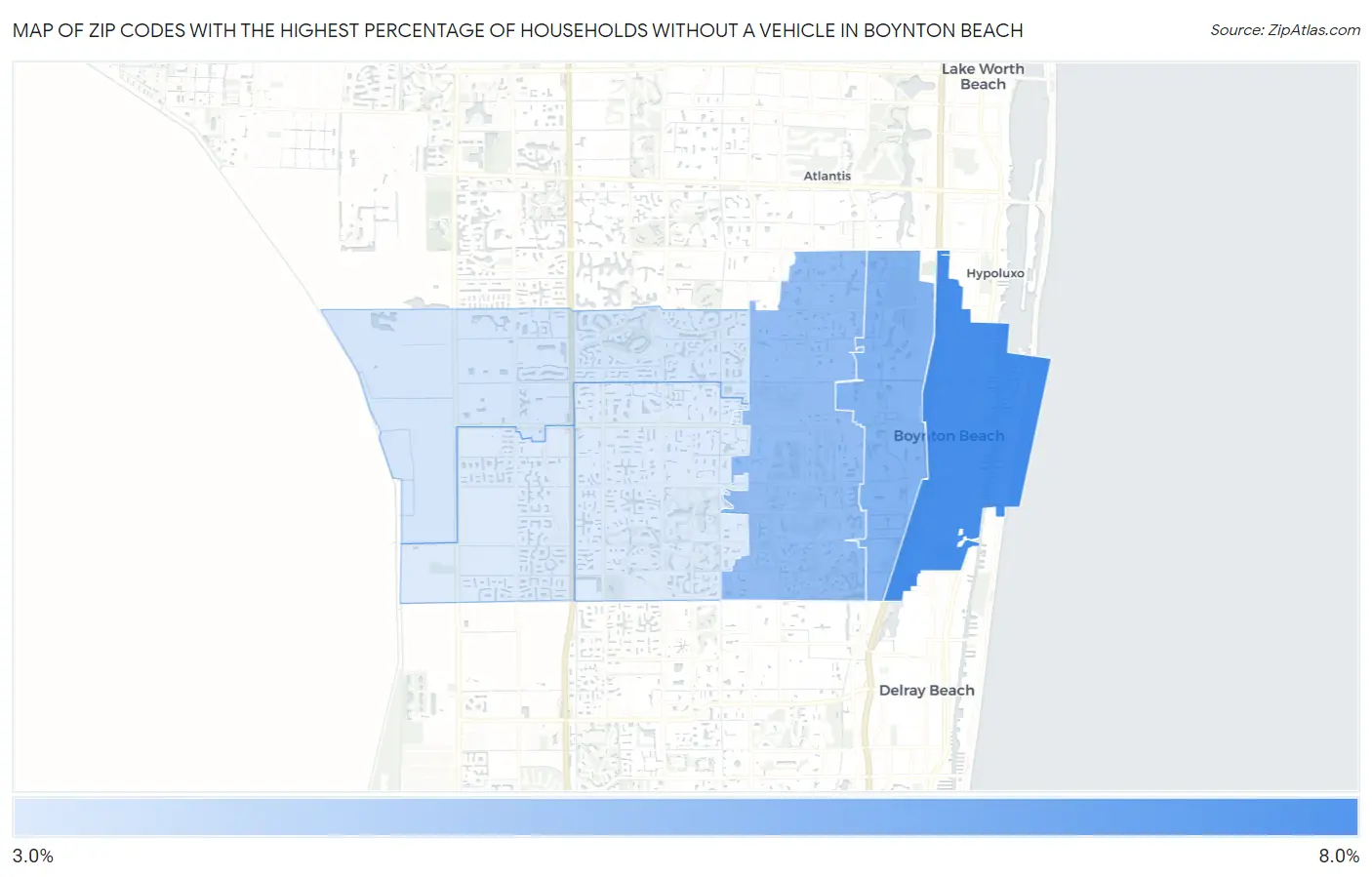 Zip Codes with the Highest Percentage of Households Without a Vehicle in Boynton Beach Map