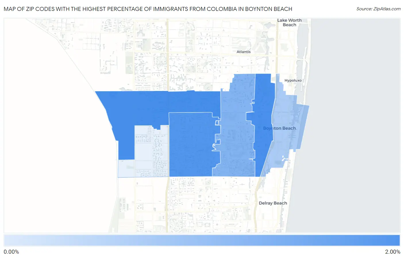 Zip Codes with the Highest Percentage of Immigrants from Colombia in Boynton Beach Map