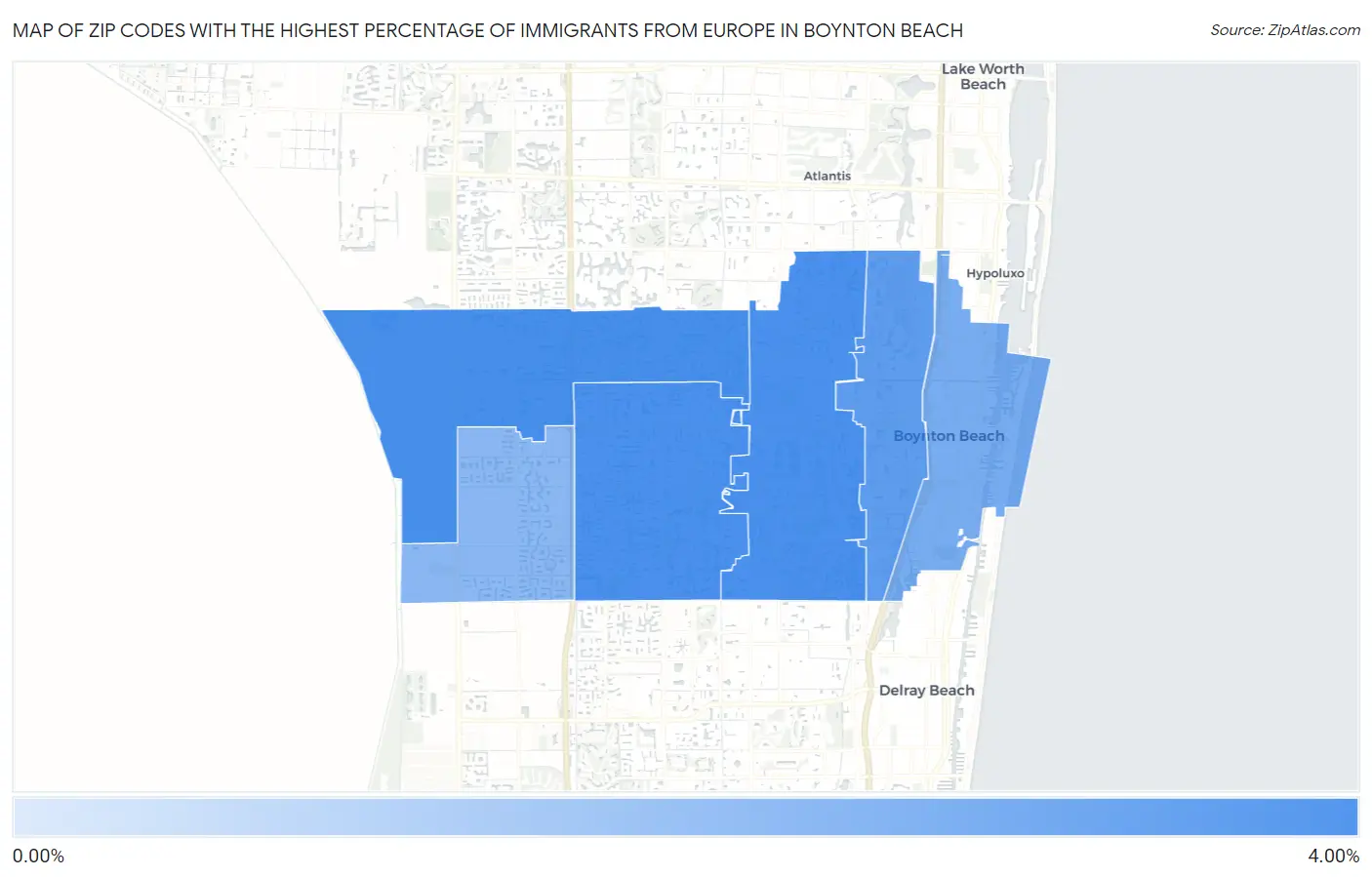 Zip Codes with the Highest Percentage of Immigrants from Europe in Boynton Beach Map