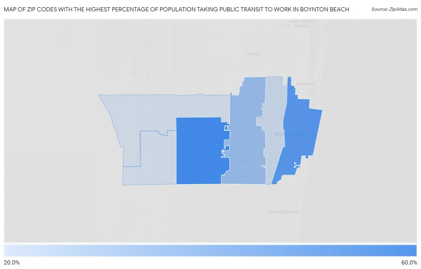 Zip Codes with the Highest Percentage of Population Taking Public Transit to Work in Boynton Beach Map