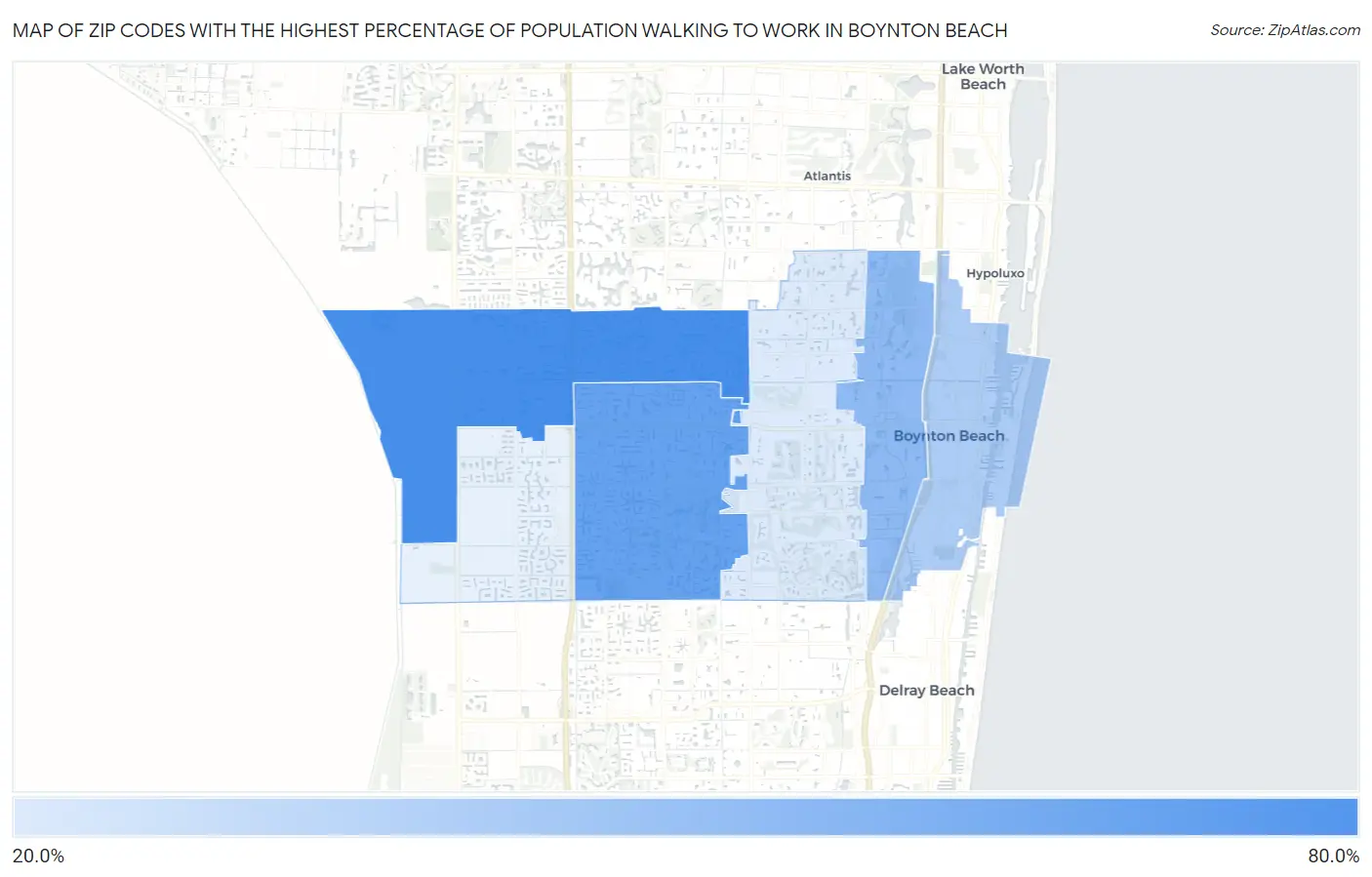 Zip Codes with the Highest Percentage of Population Walking to Work in Boynton Beach Map