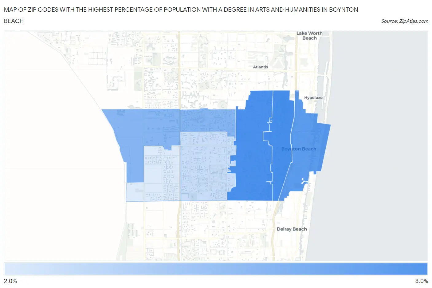 Zip Codes with the Highest Percentage of Population with a Degree in Arts and Humanities in Boynton Beach Map