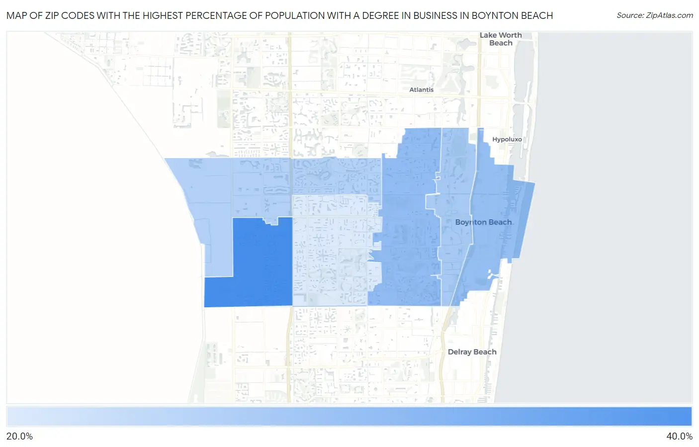 Zip Codes with the Highest Percentage of Population with a Degree in Business in Boynton Beach Map