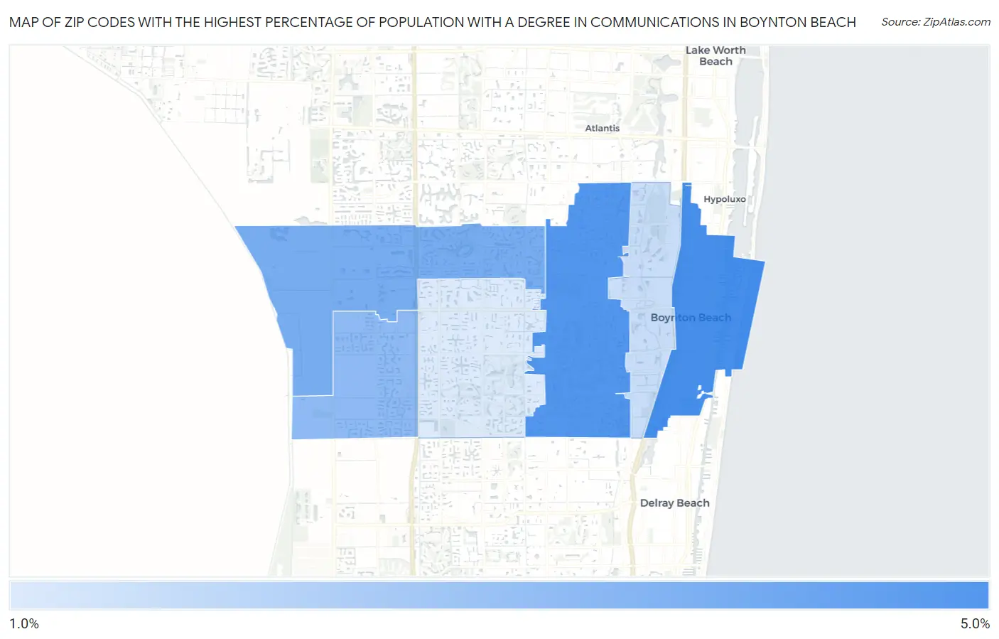 Zip Codes with the Highest Percentage of Population with a Degree in Communications in Boynton Beach Map