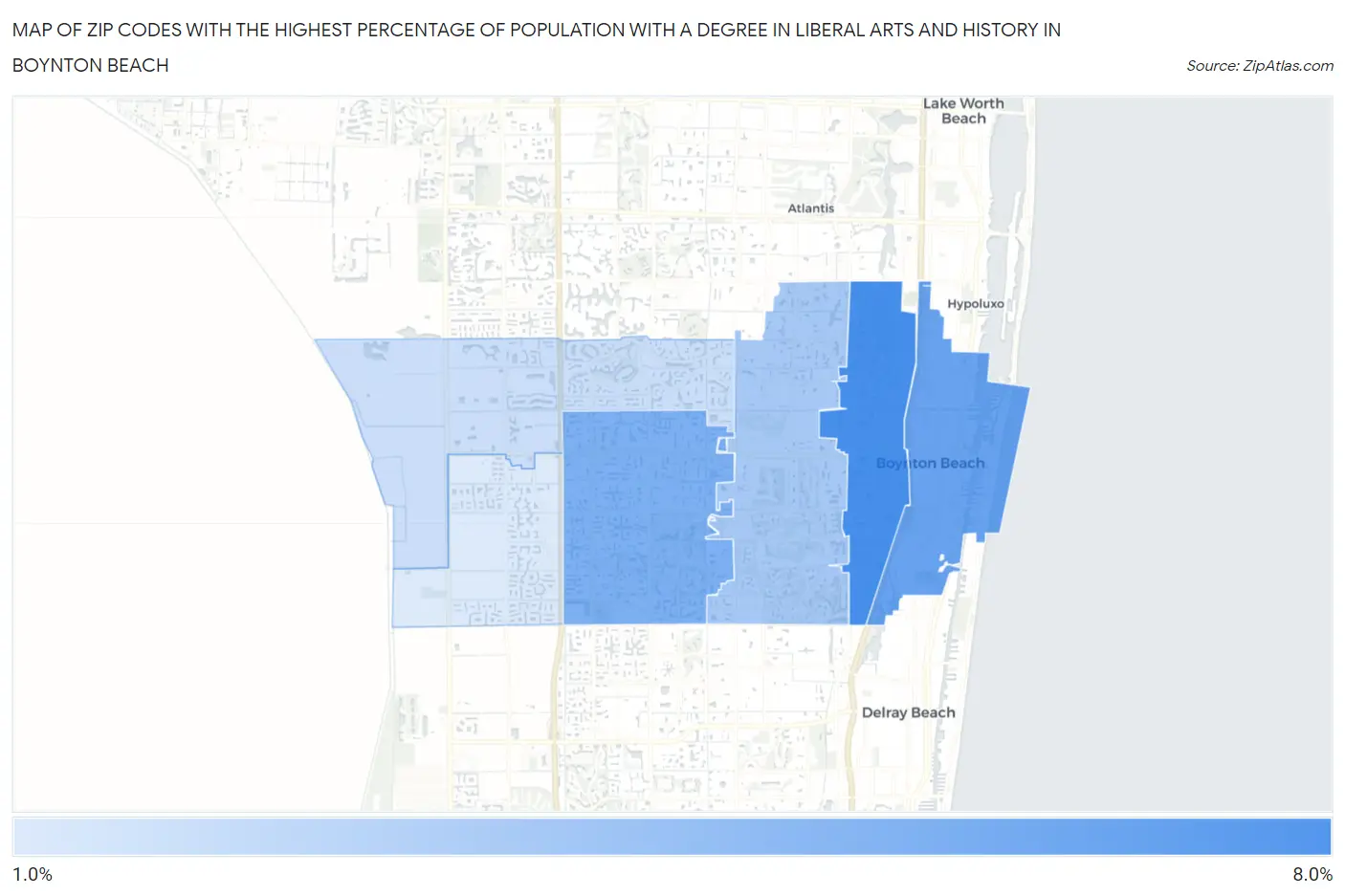Zip Codes with the Highest Percentage of Population with a Degree in Liberal Arts and History in Boynton Beach Map