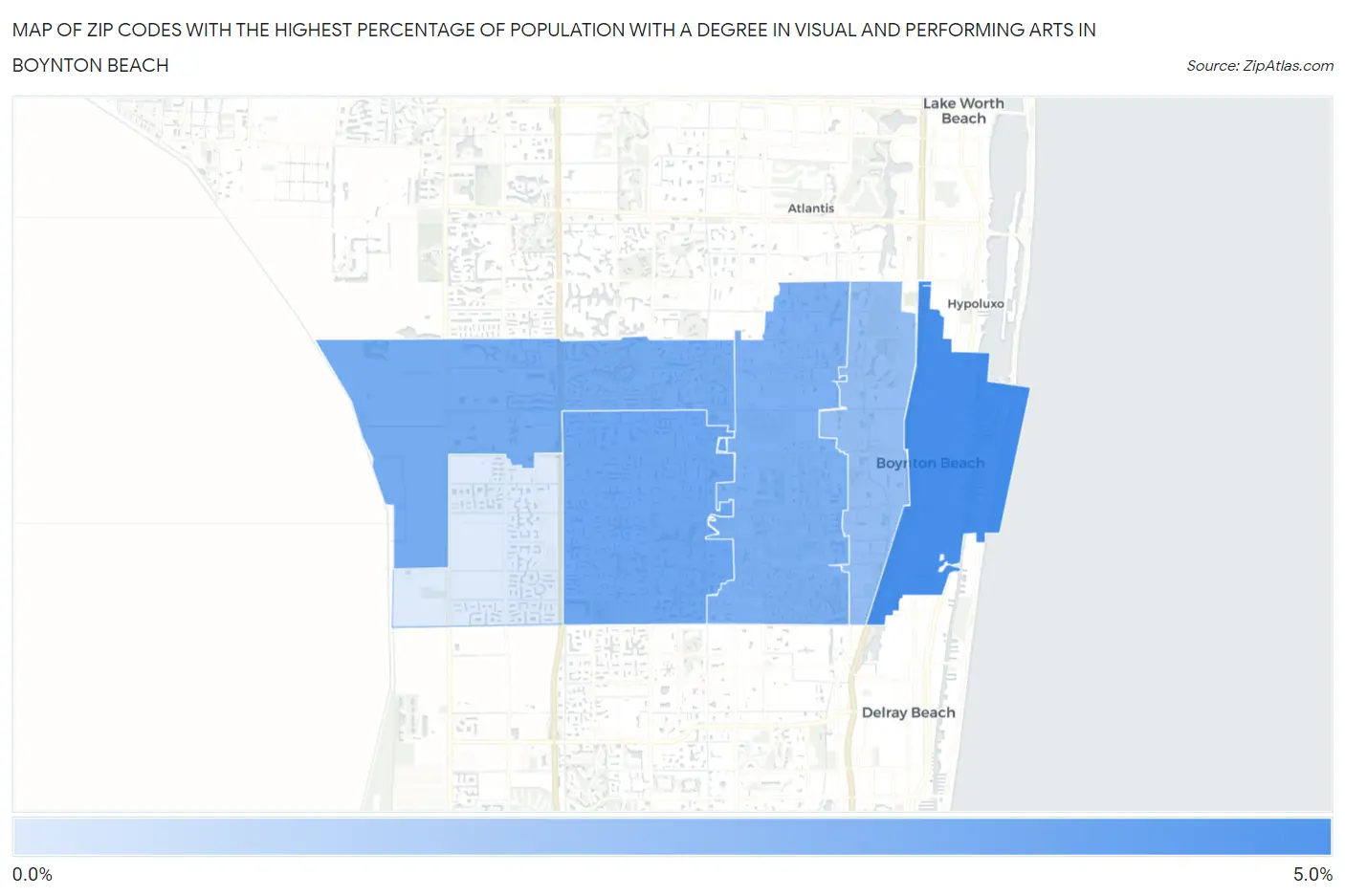 Zip Codes with the Highest Percentage of Population with a Degree in Visual and Performing Arts in Boynton Beach Map
